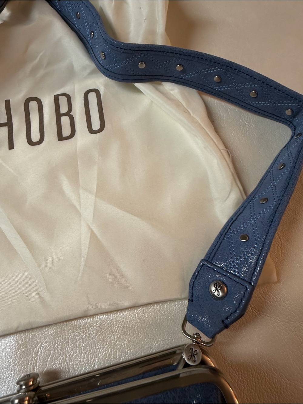 HOBO Azure Blue Pebbled Leather Shoulder Bag with Studded Strap - Picture 5 of 11